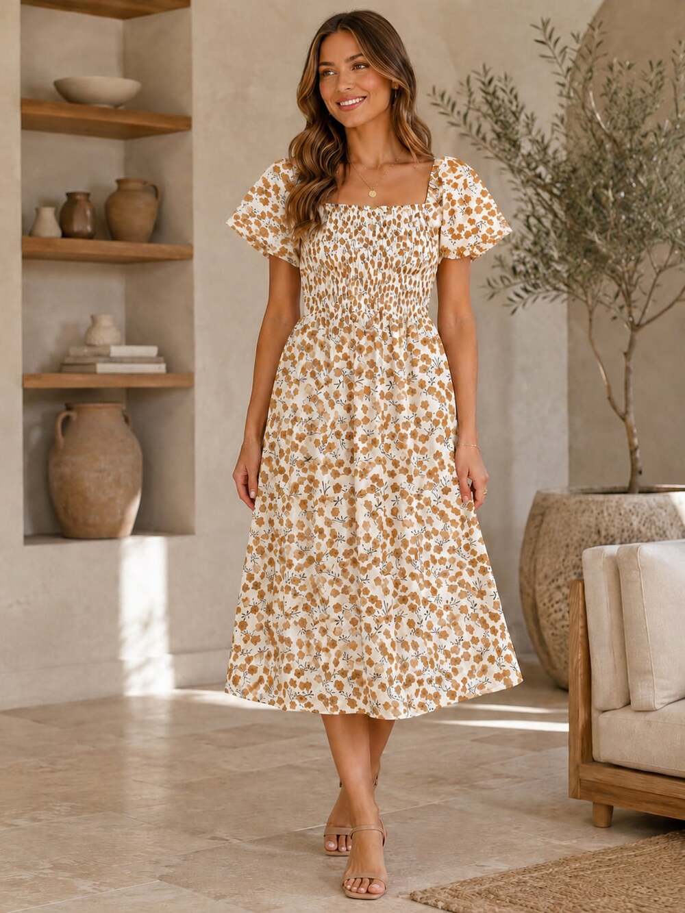 Mikarose Floral Midi Dress Small Smocked Bodice Flutter Sleeve Cottagecore Dress